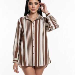 🛍️ Women's Brown Whitw Striped  Button-Down Collar Shirt Blouse Size X-LARGE